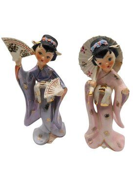 Vintage 2 Geisha Figurines Fans Parasols Hand-Painted Ceramic Purple & Pink